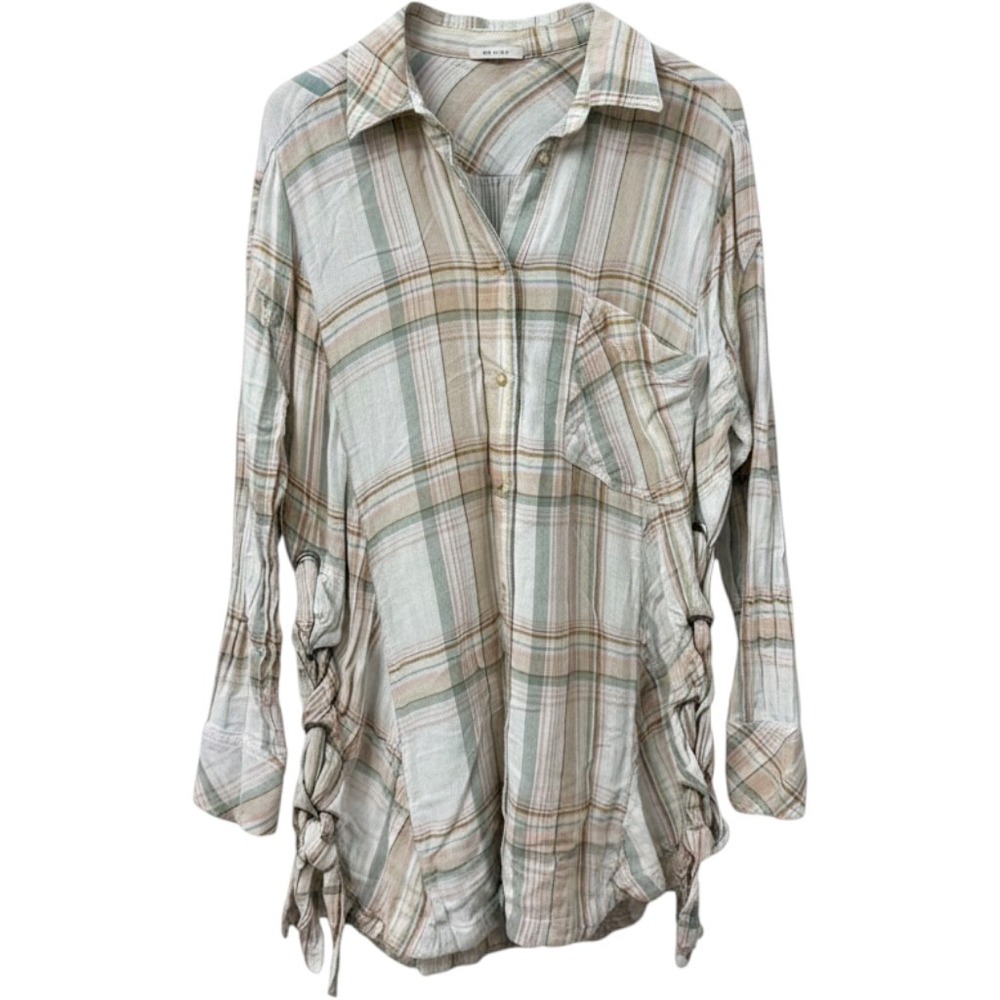 Free People‎ Button Down Shirt XS Green Plaid Side Lace Up Oversized Boho Gauze